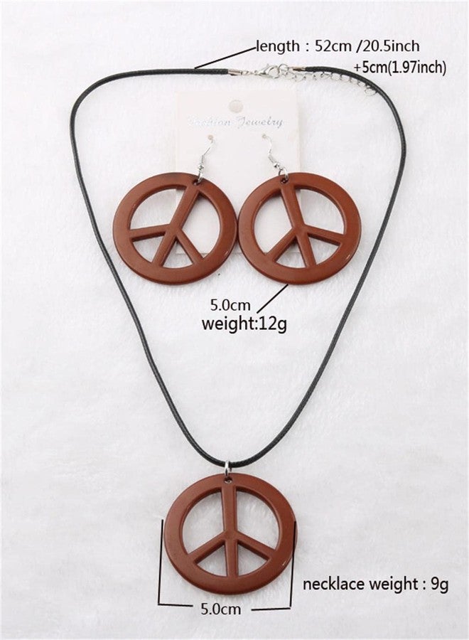 Kicomvi Peace Sign Pendant Necklace Earring Set Hippie Style Love Peace Necklace 60's 70's Costume Accessory Set for Hippie Party Supplies-Coffee - Image 2